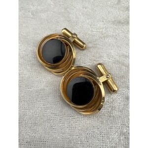 Vintage Destino Cuff Links Black Glass Gold Tone Signed